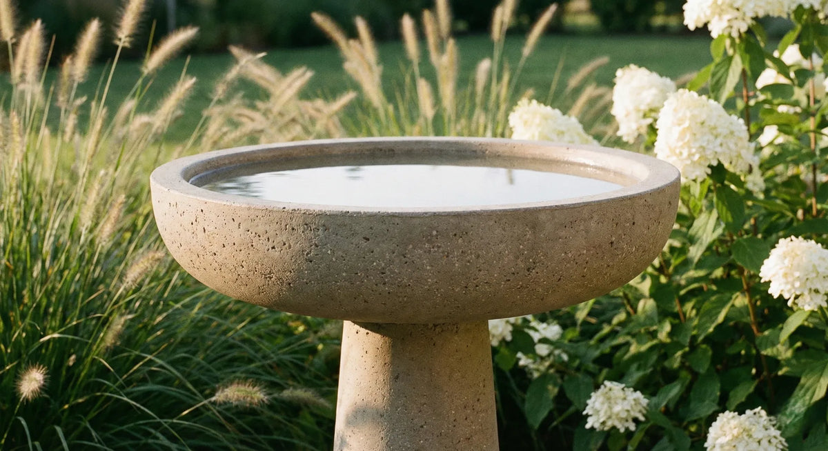 Stone-look pedestal bird bath in a garden