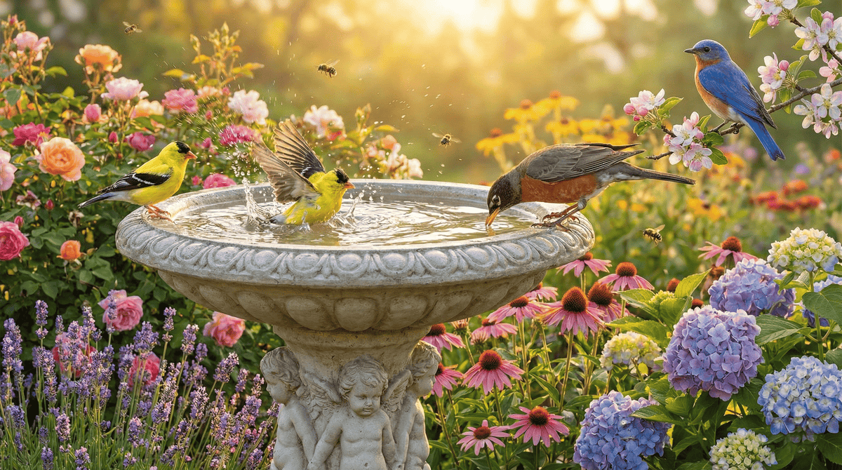 A busy concrete bird bath filled with multiple types of birds bathing and drinking together.