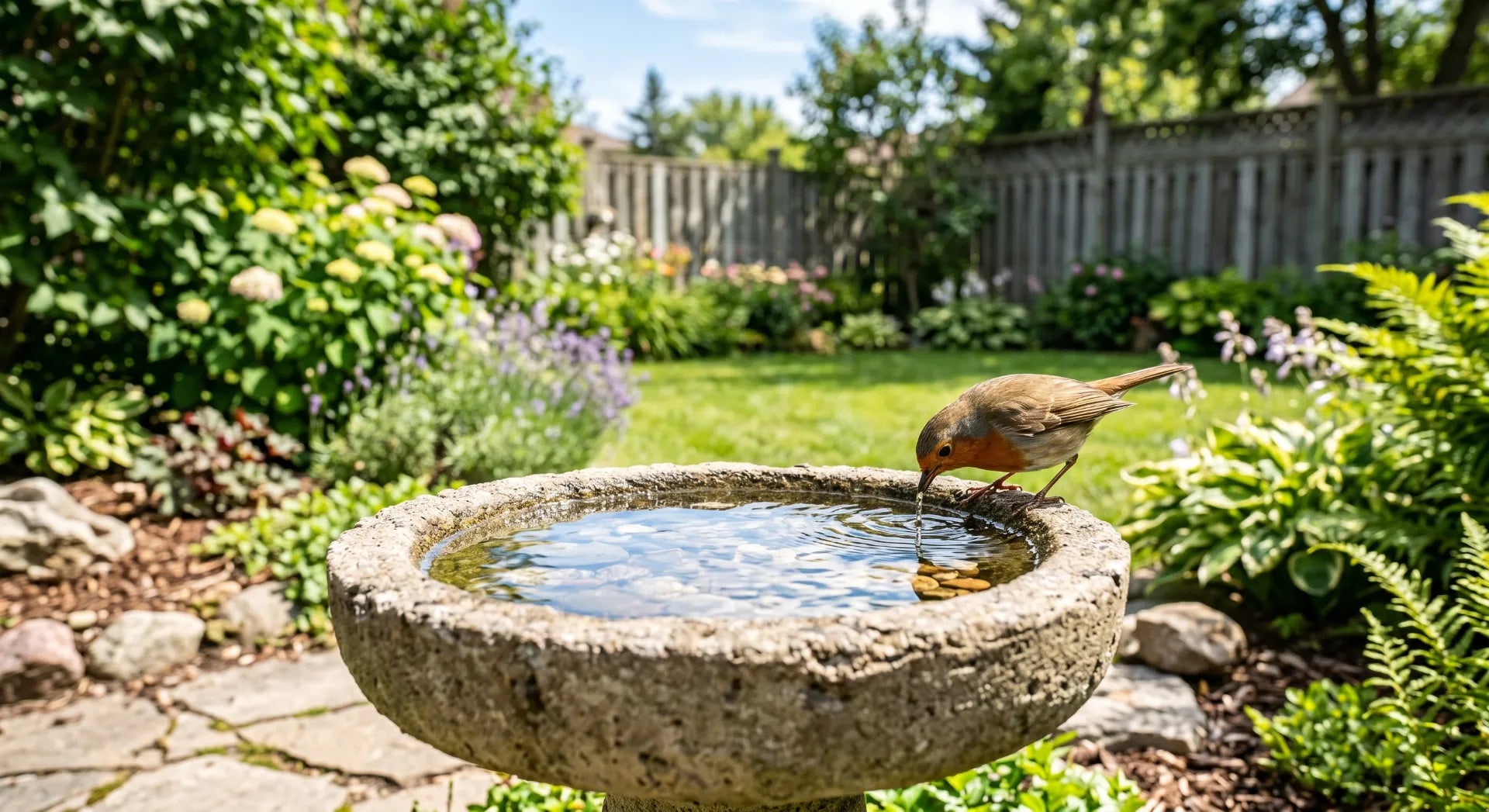 A clean GFRC concrete bird bath in a sunny backyard with a Northern Cardinal perched on the edge drinking fresh water.