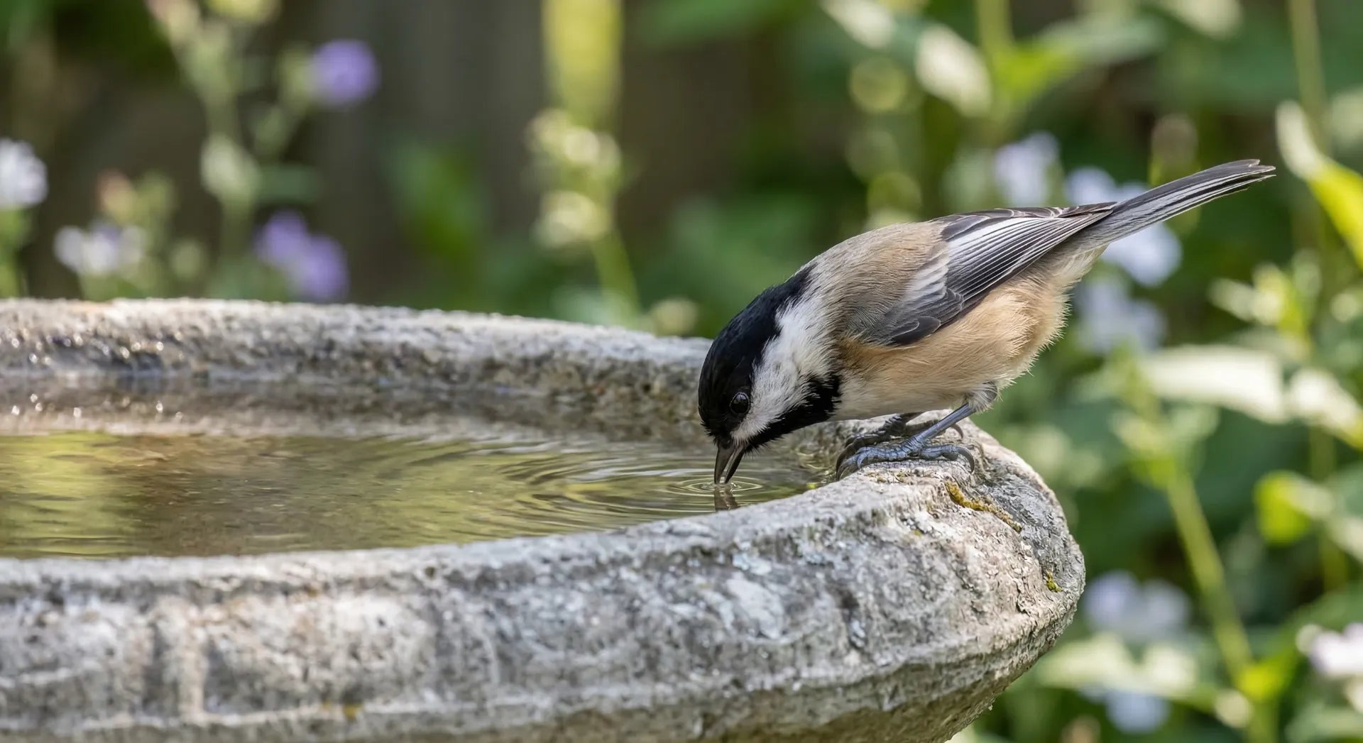 A close-up of a songbird sipping water from the rim of a stable concrete bird bath.