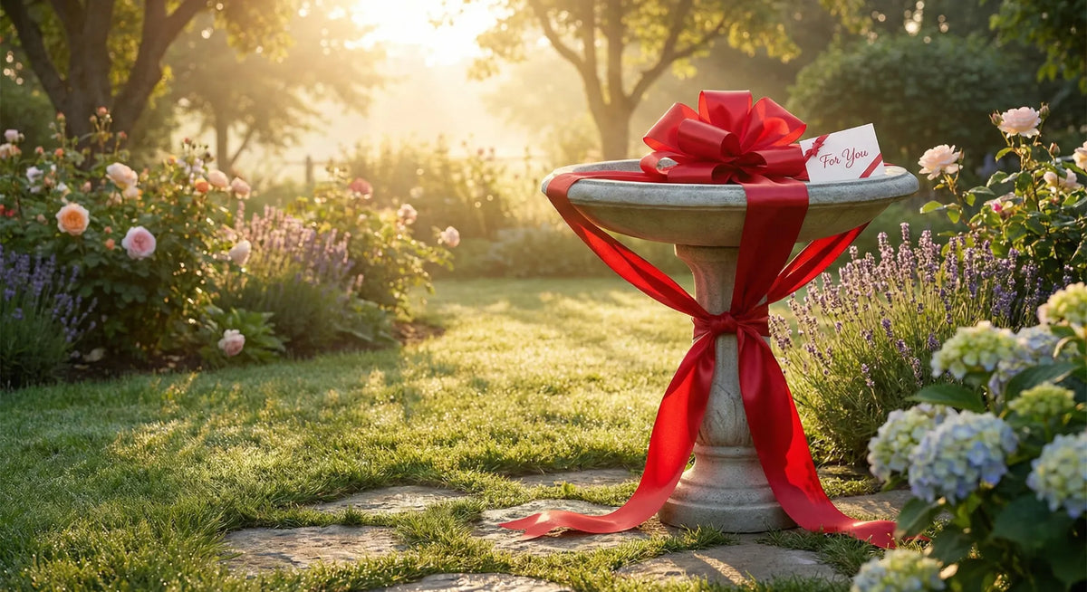 A concrete bird bath with a red ribbon, representing the perfect garden gift