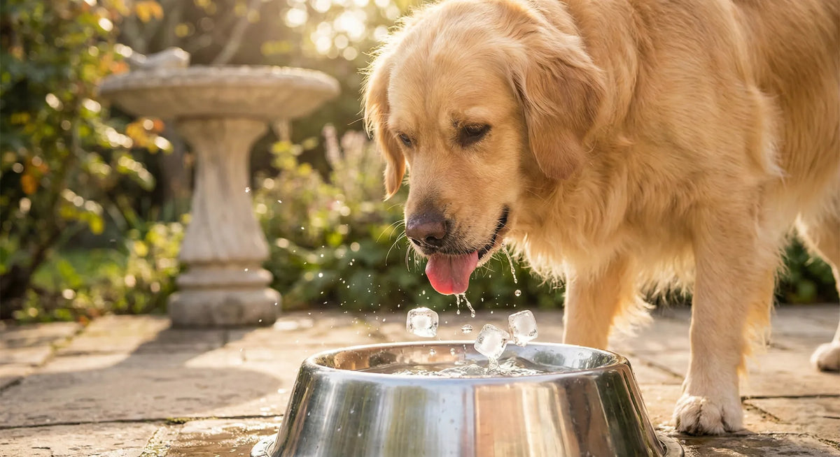 A happy dog drinking fresh water with ice cubes from a stainless steel bowl, ignoring the birdbath in the background