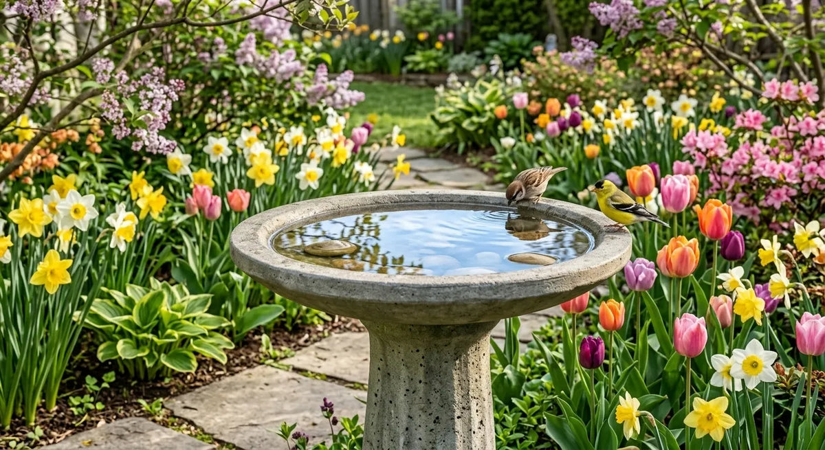 A heavy-duty pedestal bird bath standing as a clean sanctuary in a blooming spring garden with clear water.