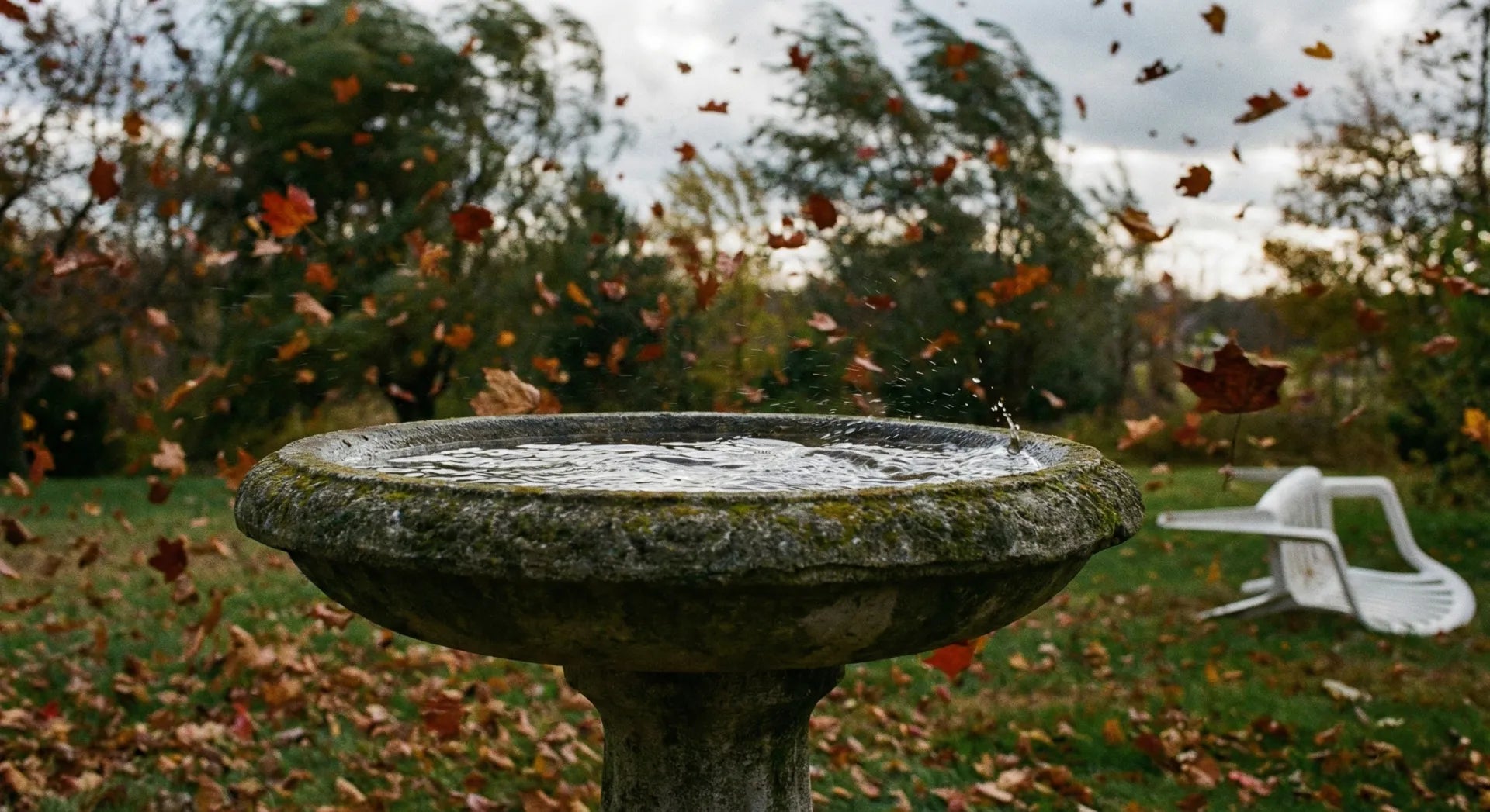 A heavy concrete bird bath standing firm in a windy garden while trees bend in the background