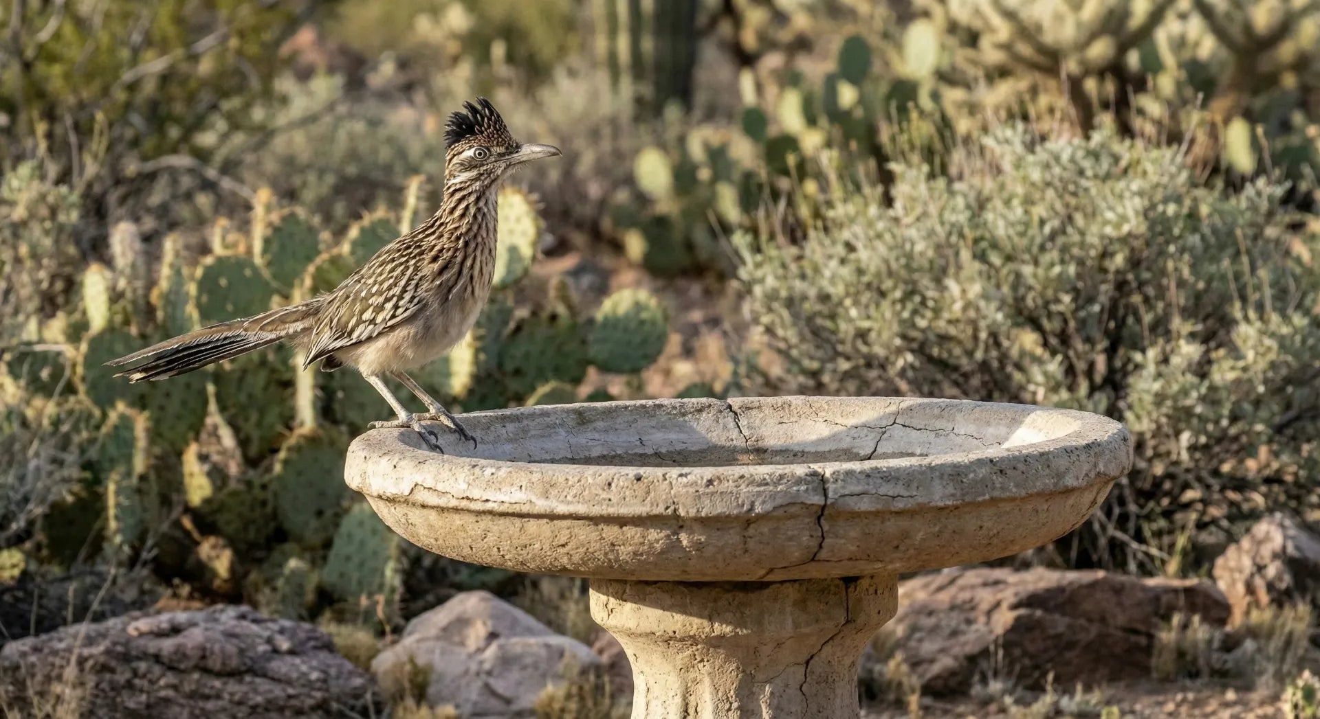 A roadrunner with its crest raised standing on a stone pedestal bird bath, demonstrating alert behavior.