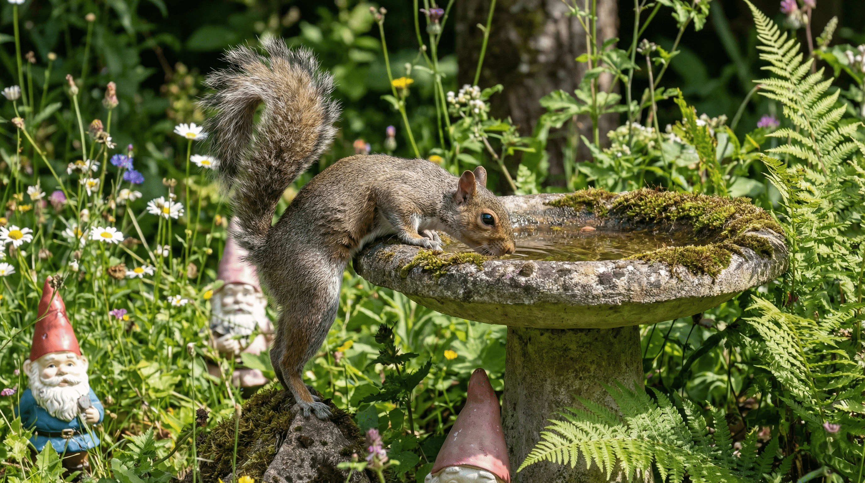 A squirrel stretching to drink water from a concrete garden bird bath.