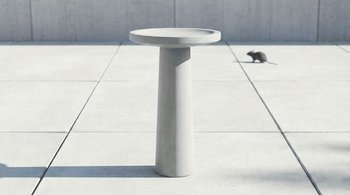 A tall, smooth concrete pedestal bird bath on a clean patio, designed to deter rats and rodents.