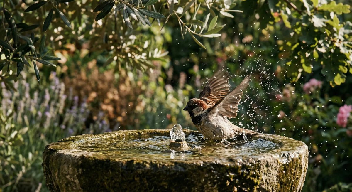A wet European sparrow actively splashing in a bubbling stone garden fountain, demonstrating the success of the safe DIY modifications.