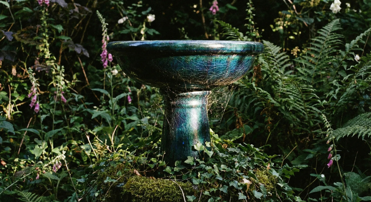 Antique glazed ceramic bird bath showing extensive spiderweb cracking (crazing) under sunlight, indicating age and potential fragility or chemical leaching risks