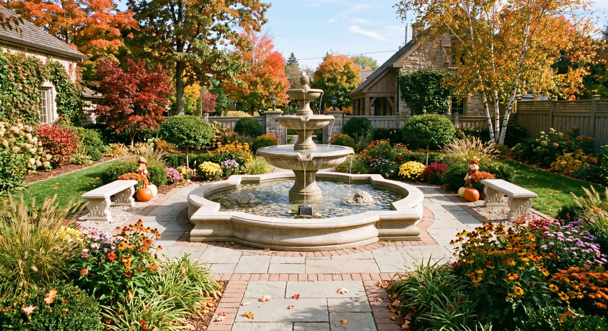 Beautiful and clean outdoor tiered water fountain operating smoothly in a well-maintained landscaped backyard