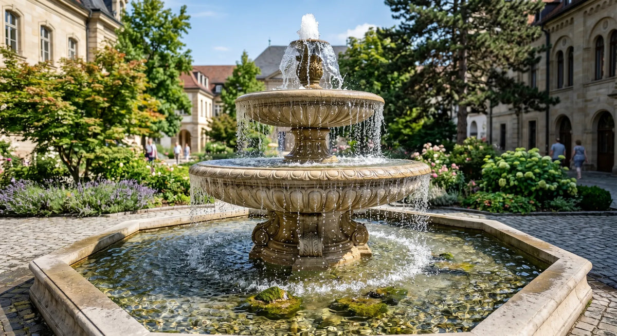 Beautiful multi-tiered outdoor water fountain running perfectly with hidden power cords and no visible plumbing on a backyard patio