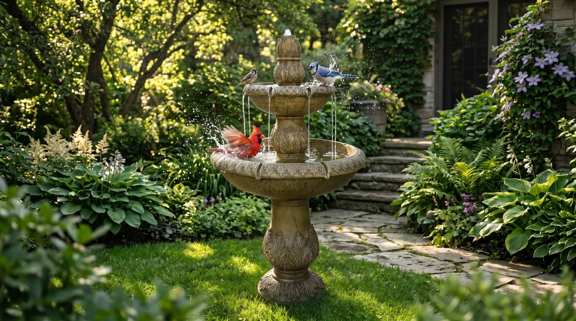 Blue jay and cardinal splashing in a multi-tier textured concrete bird bath fountain in a sunny backyard