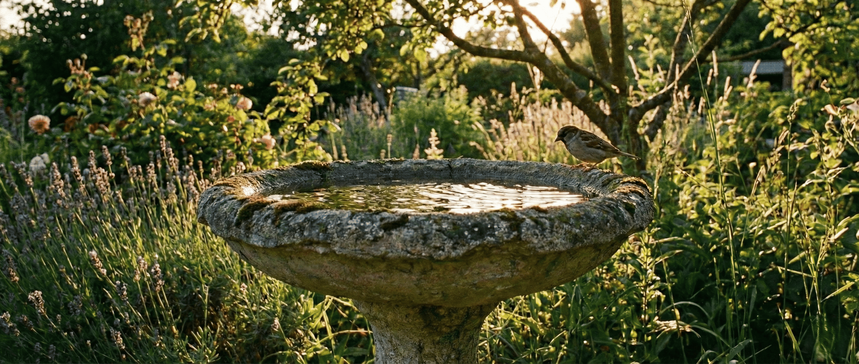 Classic heavy-duty concrete bird bath with sparrow perching in a sunny garden landscape.