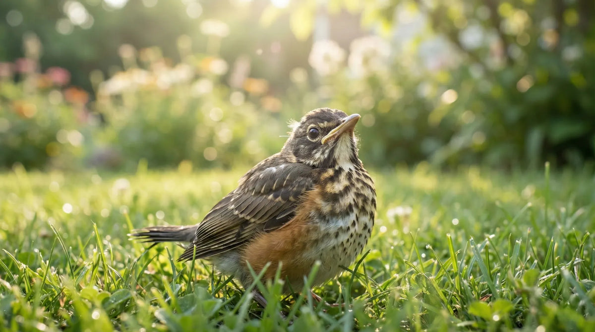 Close-up of a fluffy fledgling American Robin with speckled feathers and a short tail sitting in green grass, looking up waiting for parents.