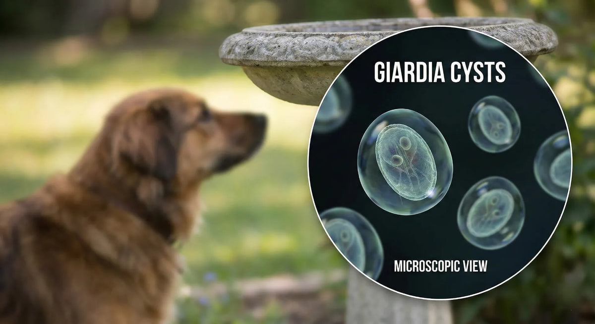 Conceptual image showing microscopic Giardia cysts in bird bath water with a dog in the background