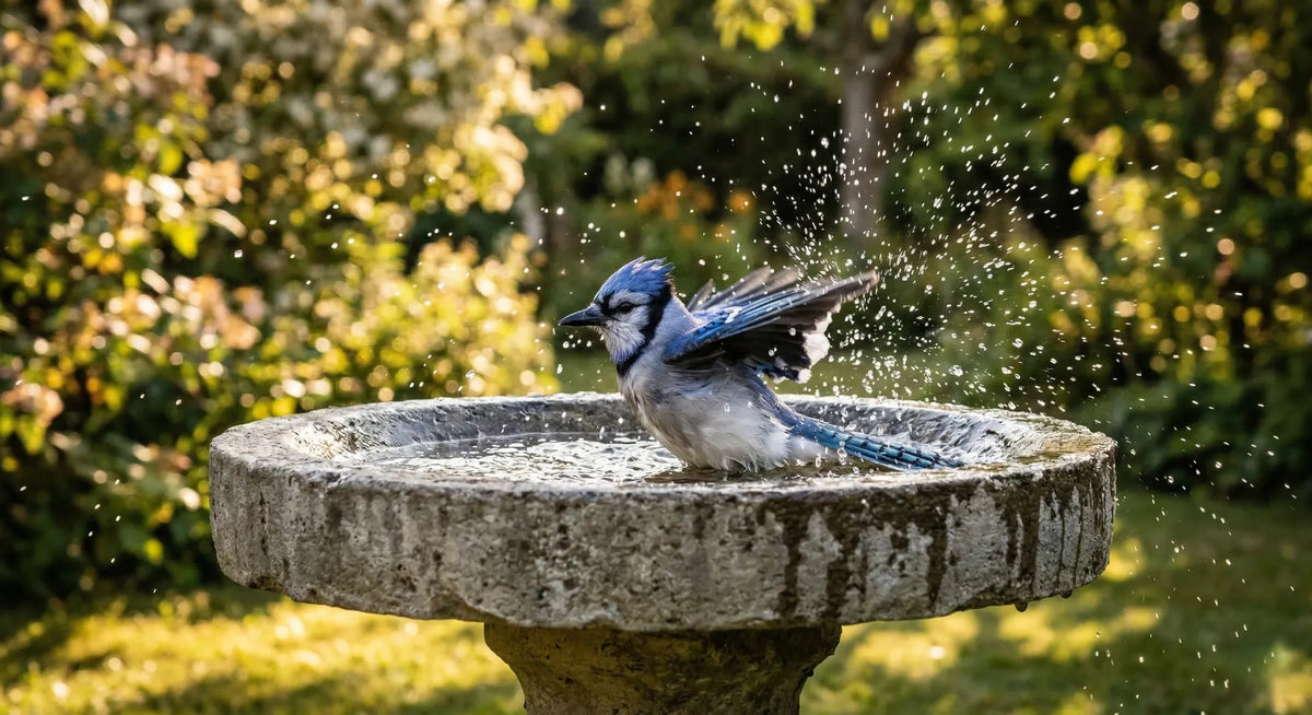 High-speed action photography of a Blue Jay splashing in a heavy-duty concrete pedestal bird bath with sun-drenched garden background.