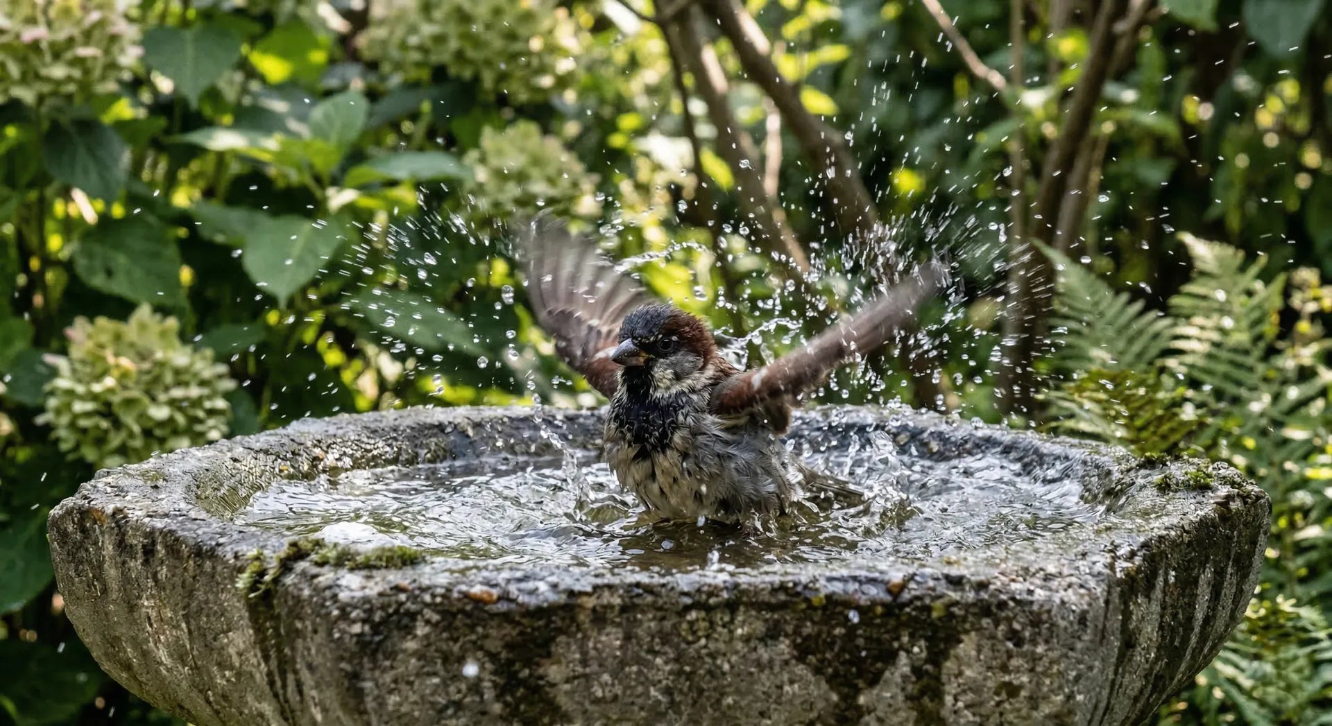High-speed photography of a sparrow splashing vigorously in a heavy concrete bird bath to clean feathers.