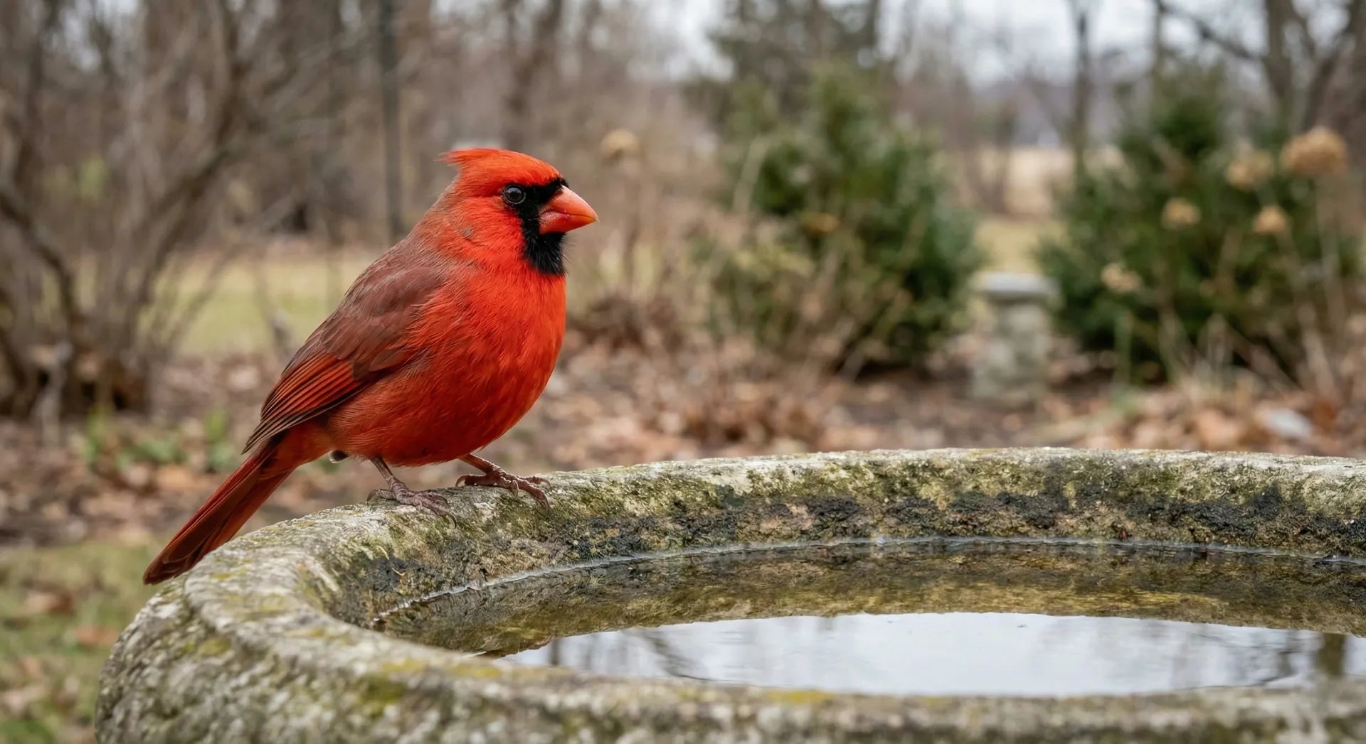 Male Northern Cardinal perched on a sturdy concrete birdbath in a garden