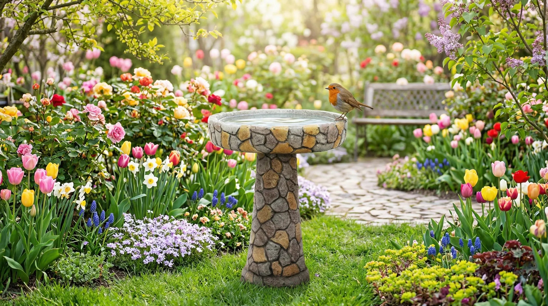Mosaic concrete bird bath in an eco-friendly spring garden.