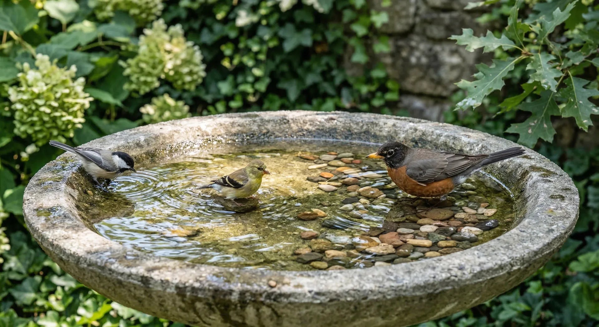 Multiple garden bird species like Cardinals and Blue Jays gathered around a stable concrete bird bath.