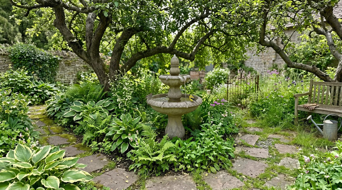 Natural backyard snapshot of a robust concrete feature functioning as both garden bird baths and yard fountains under dappled shade.