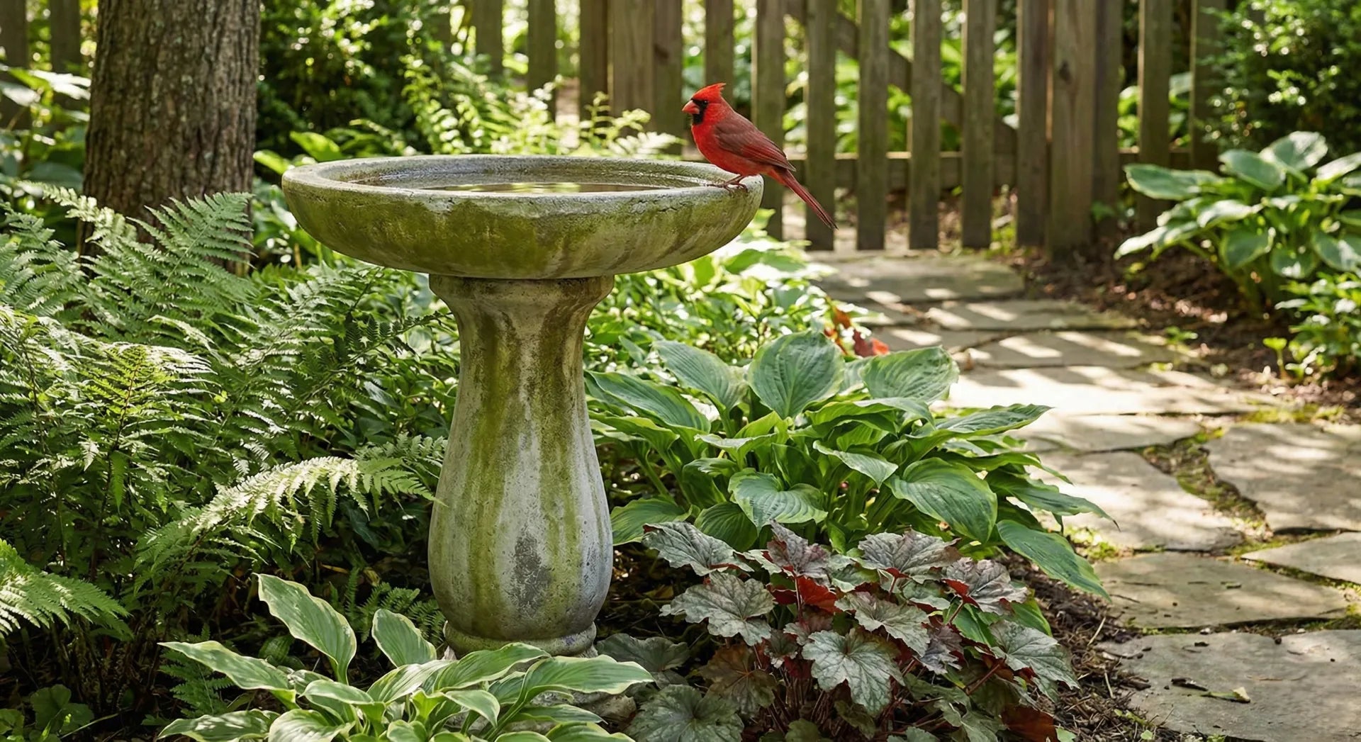 Natural looking stained concrete bird bath blending into a fern garden