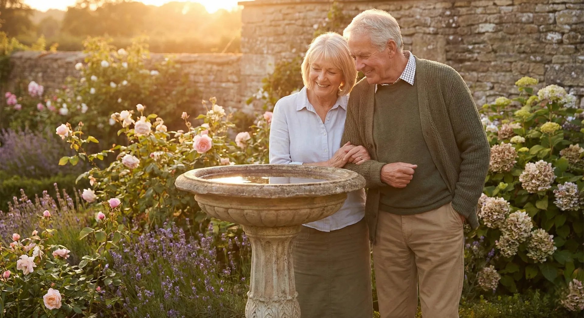 Older couple admiring a classic antique concrete bird bath in a sunset garden, representing a timeless gift