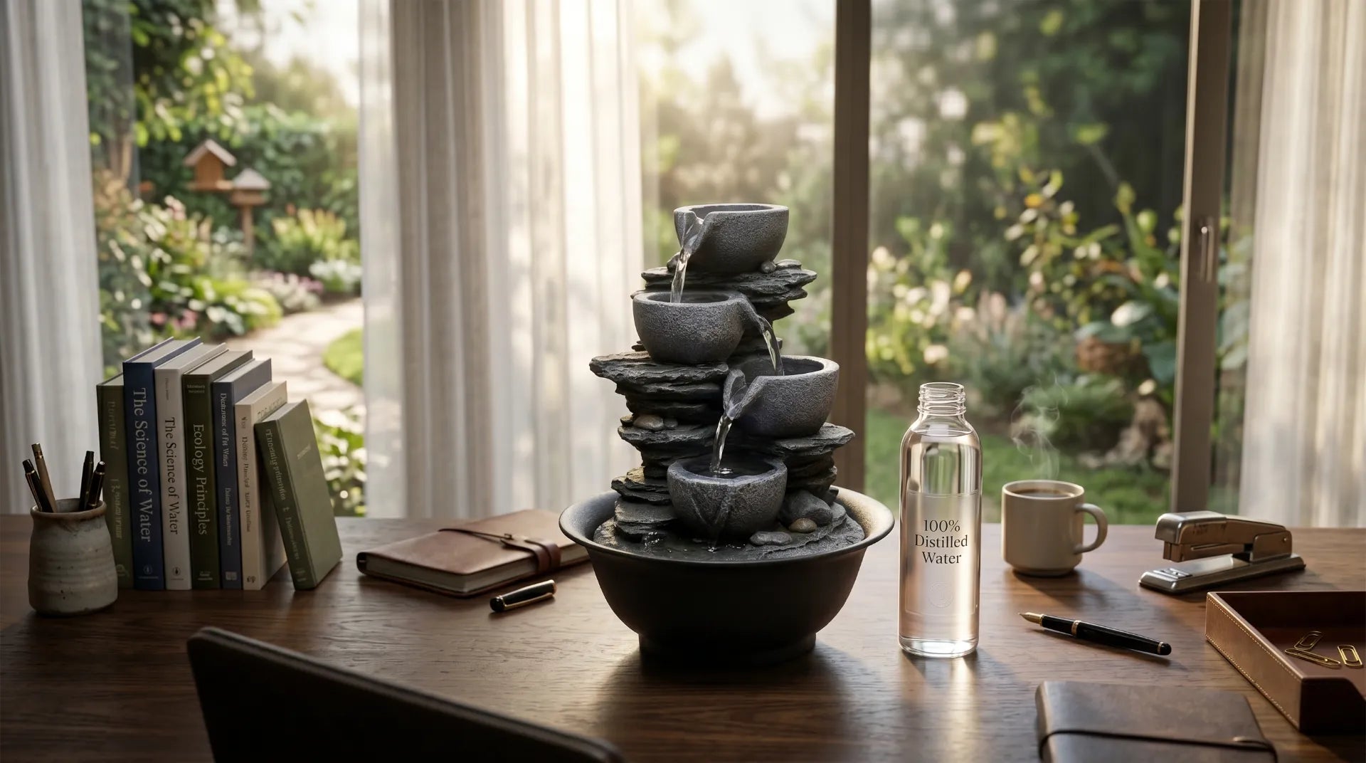 Pristine indoor tabletop fountain operating quietly with a bottle of distilled water on a wooden desk