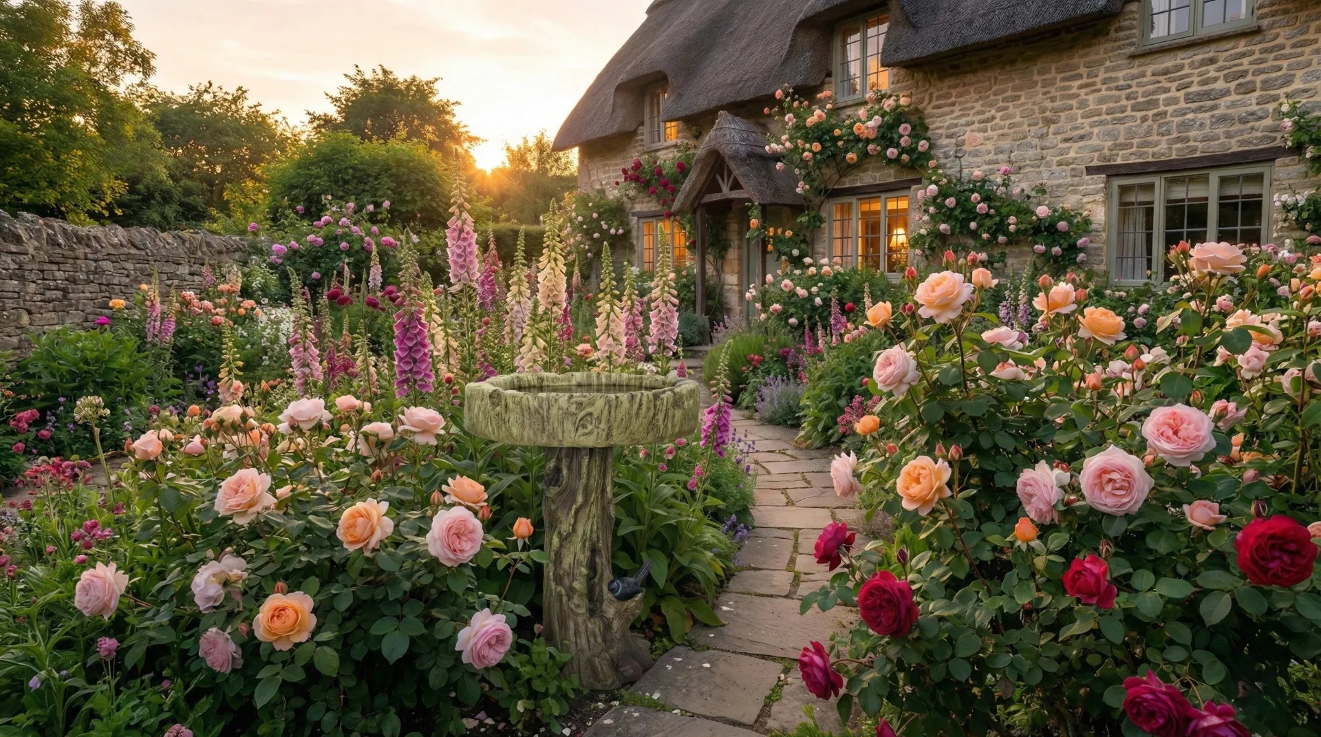 Rustic stone texture bird bath nestled in a lush English cottage garden, surrounded by blooming roses, foxgloves, and a thatched roof cottage