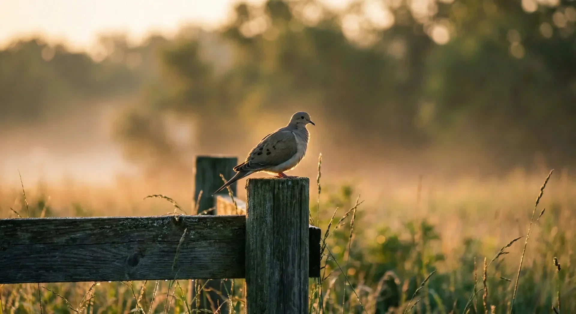 Single mourning dove perched in golden sunrise light symbolizing peace and hope