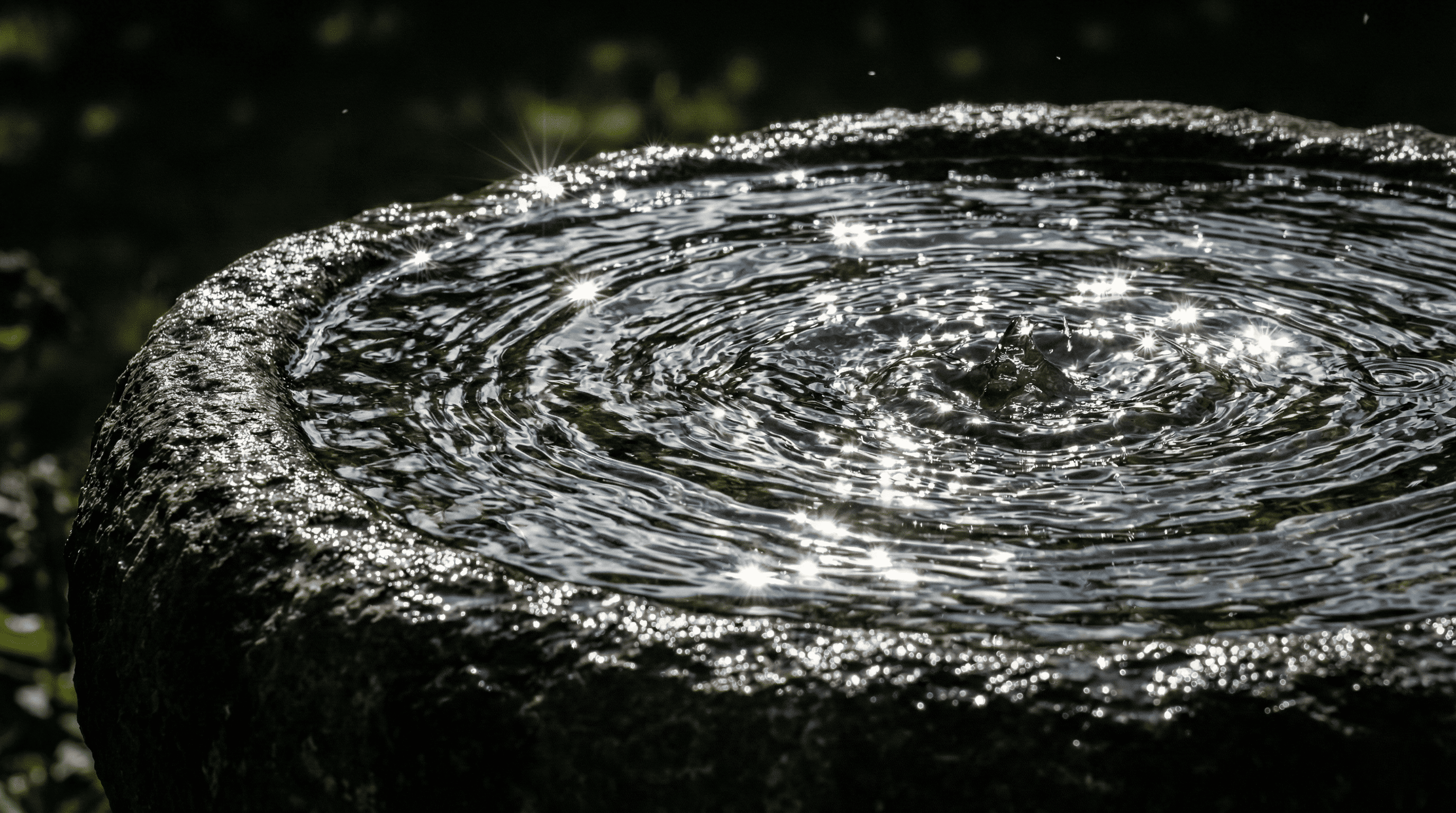 Sunlight sparkling on the dynamic ripples of a bird bath with running water.