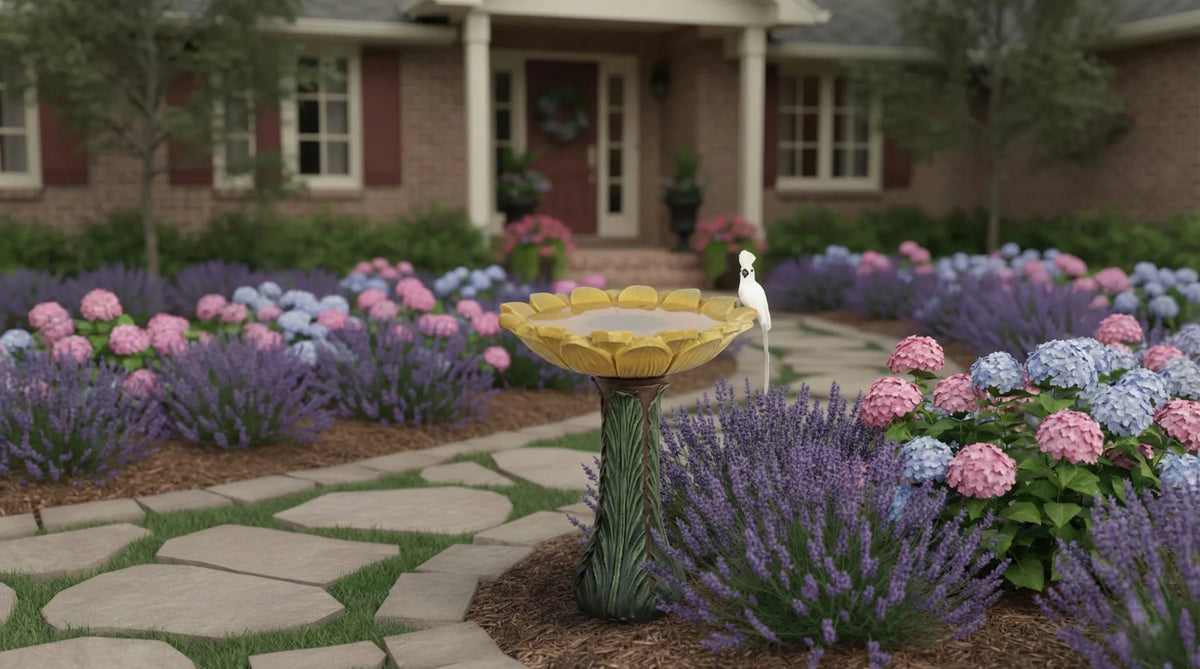 Yellow sunflower bird bath placed along a stone garden pathway in a front yard, surrounded by blooming lavender and hydrangeas.
