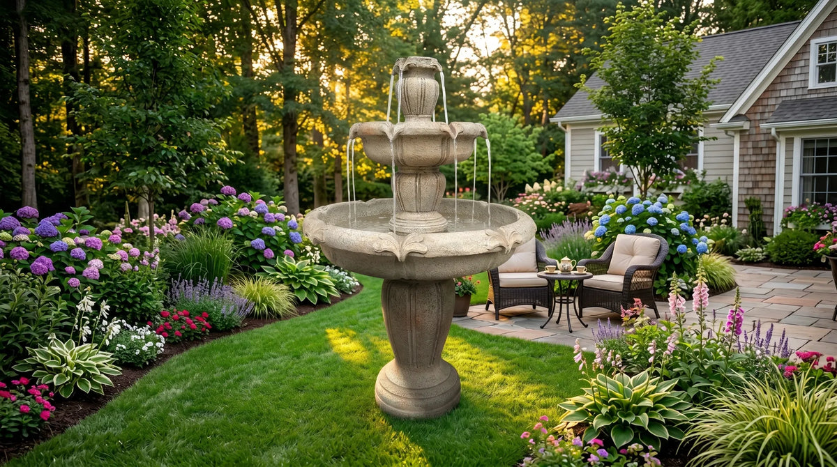 backyard water fountain centerpiece tiered lawn patio seating cascading