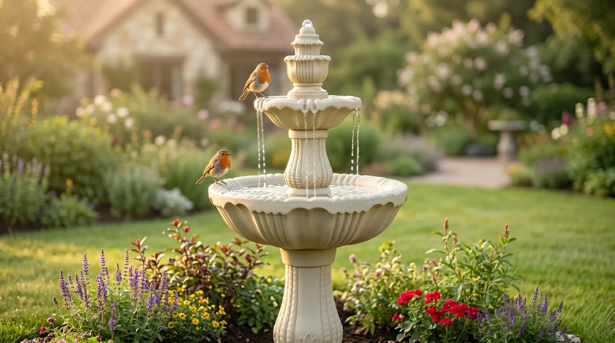 songbird perched shallow upper tier concrete tiered bird bath fountain moving water