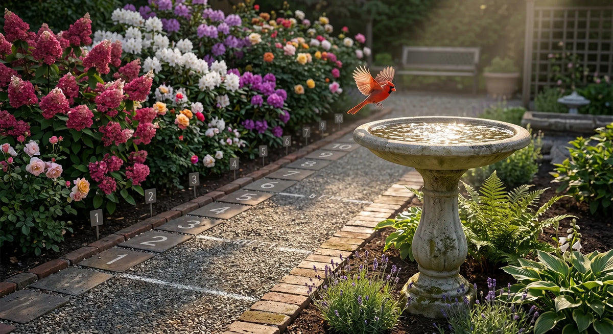bird bath ideal placement 10 feet from shrub morning sun afternoon shade cardinal