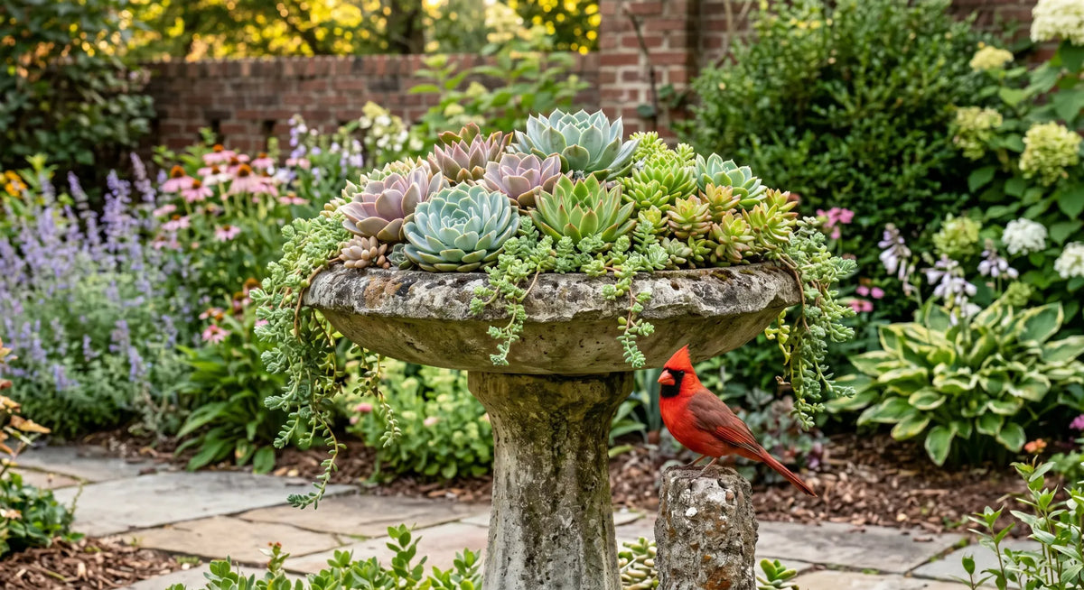 concrete bird bath repurposed as planter succulent arrangement cascading rim cardinal nearby