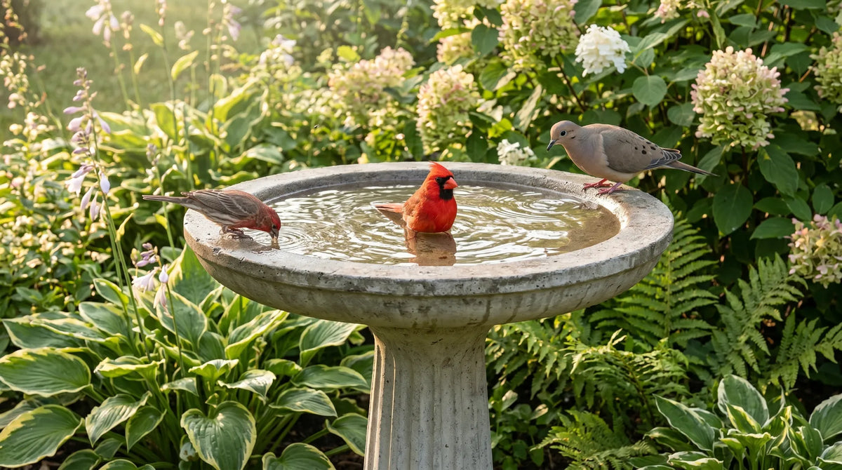 24 inch concrete bird bath three species cardinal finch dove using simultaneously