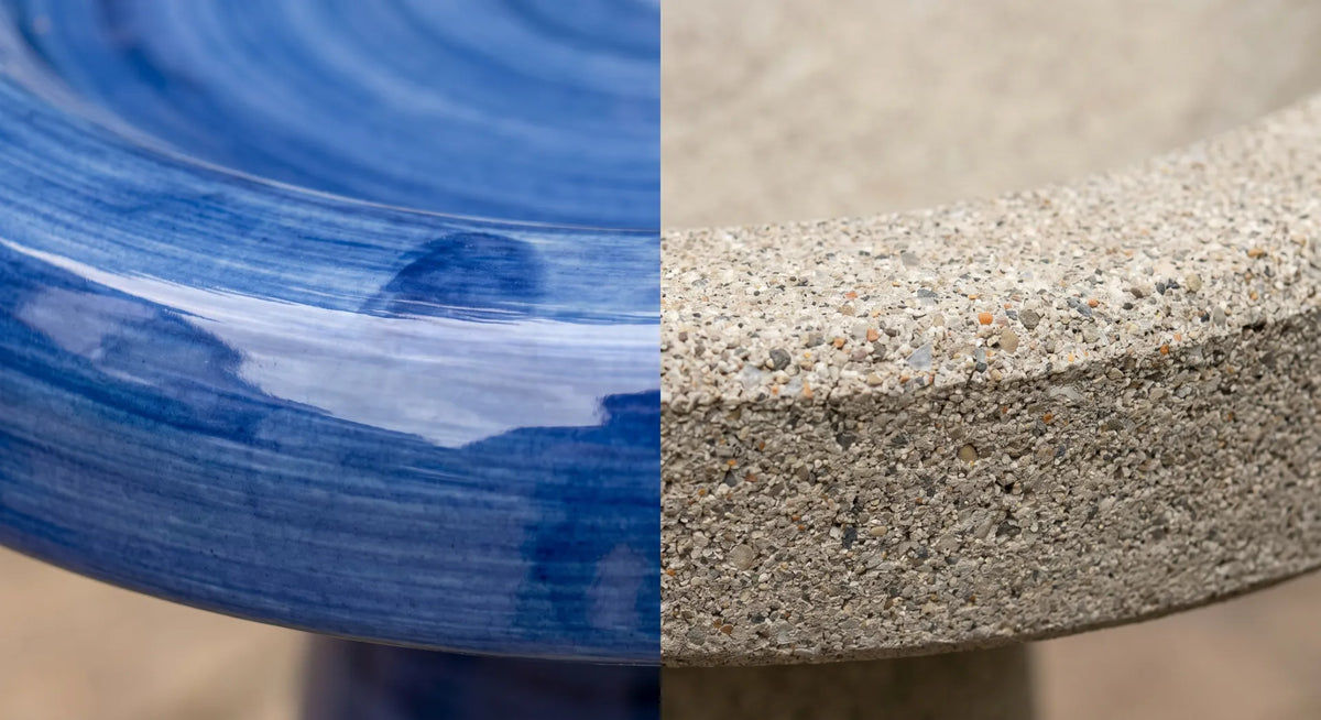 ceramic glossy blue glaze vs concrete matte textured surface rim comparison macro detail