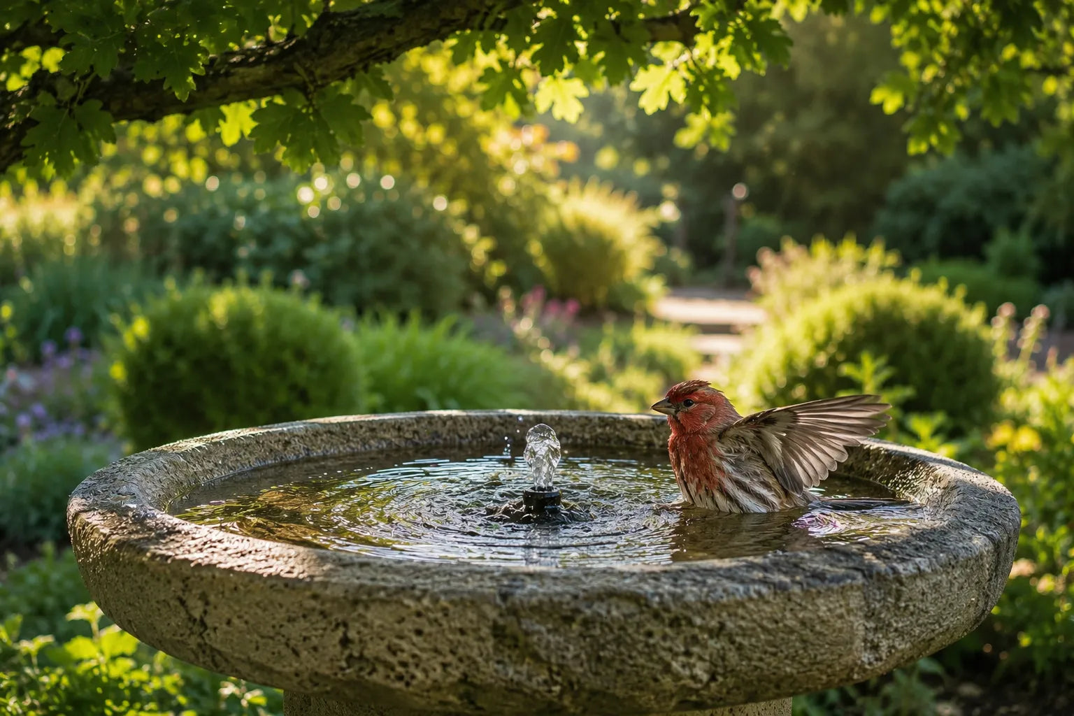 concrete bird bath fountain with house finch bathing in garden