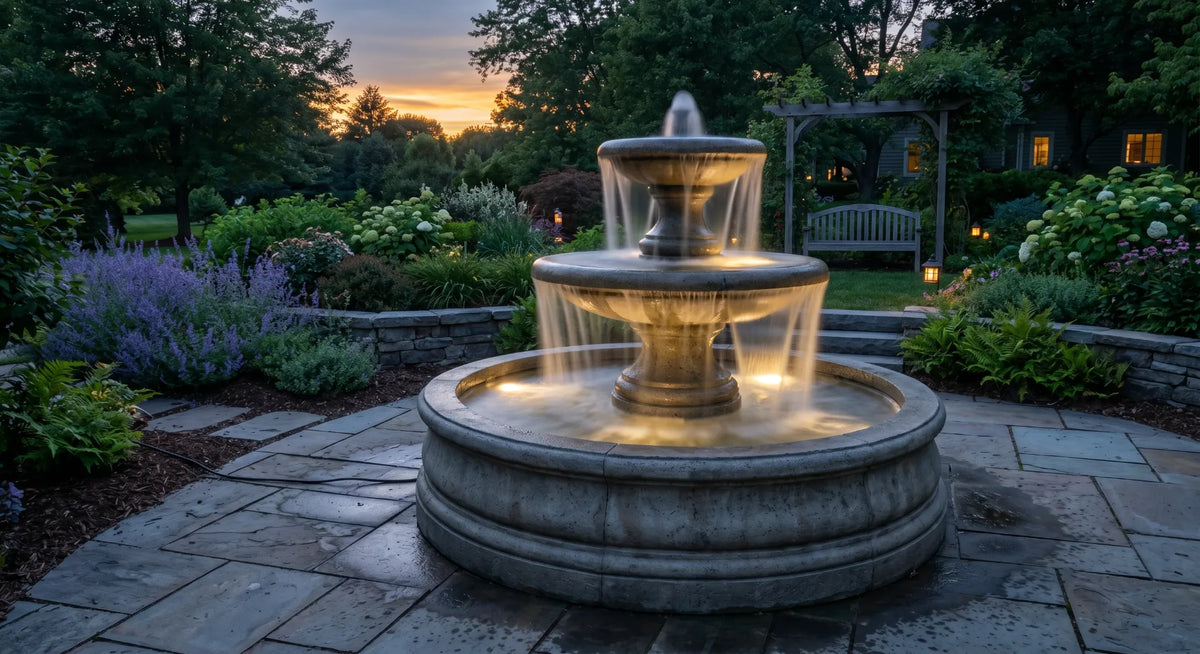 electric outdoor garden fountain running at night with LED lights concrete tiered
