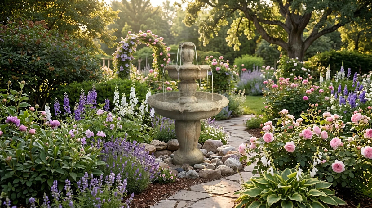 garden water fountain focal point lush backyard cascading tiered stone path