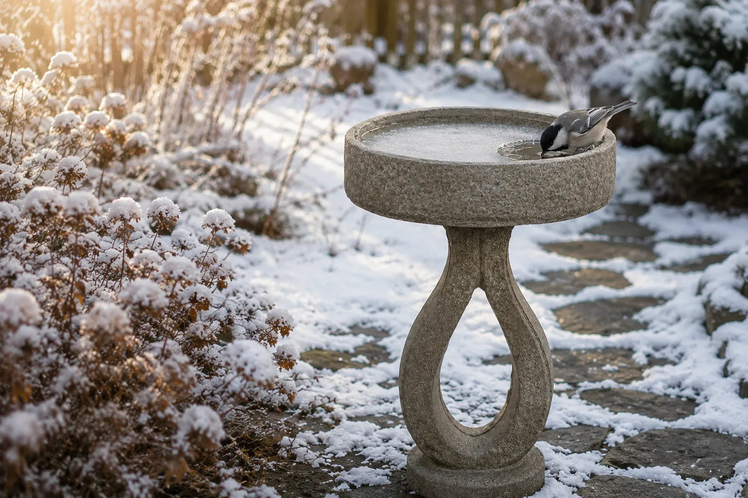 Chickadee drinking from an unfrozen concrete bird bath in a snowy backyard