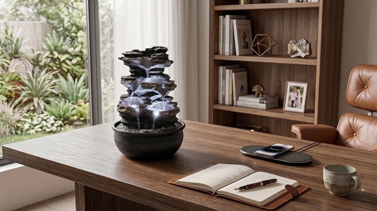 indoor water fountain tabletop cast stone home office desk natural light