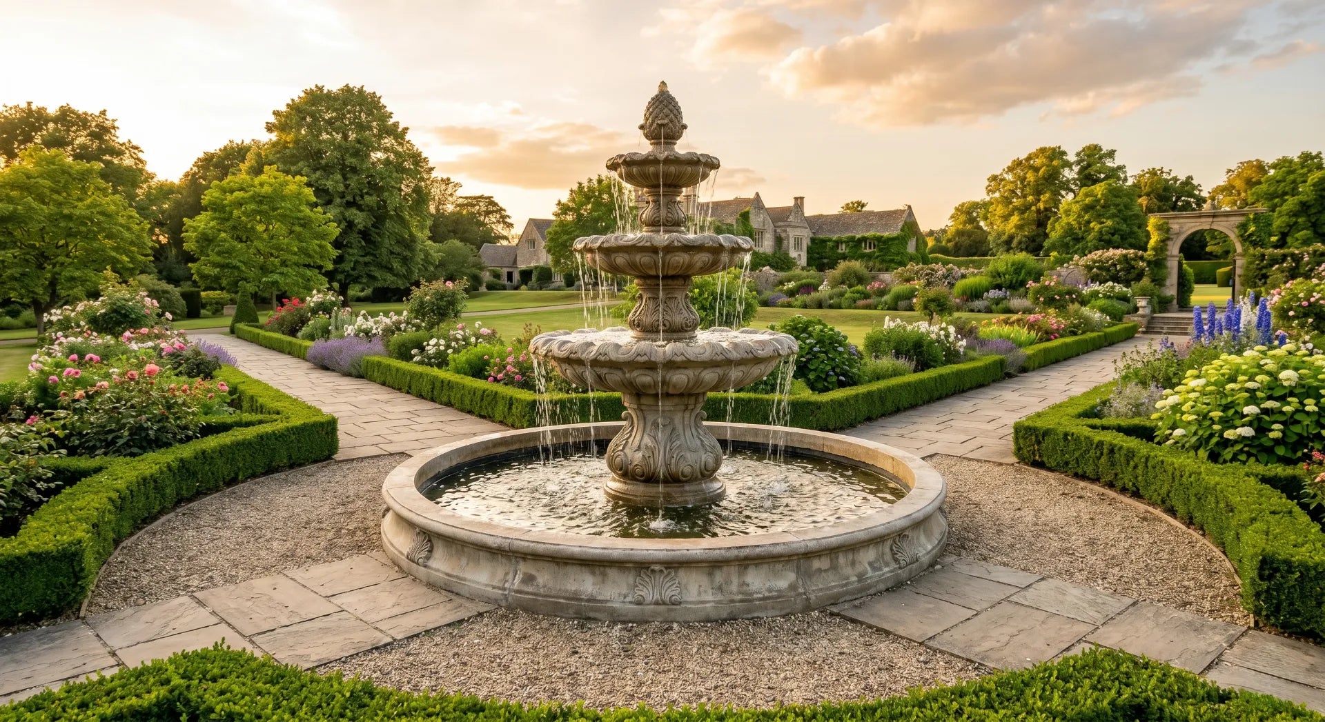 large 4 tier concrete water fountain 72 inch estate garden formal centerpiece golden hour
