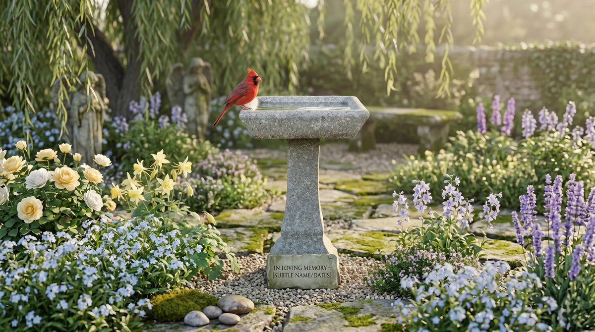 memorial bird bath concrete pedestal garden centerpiece red cardinal perched