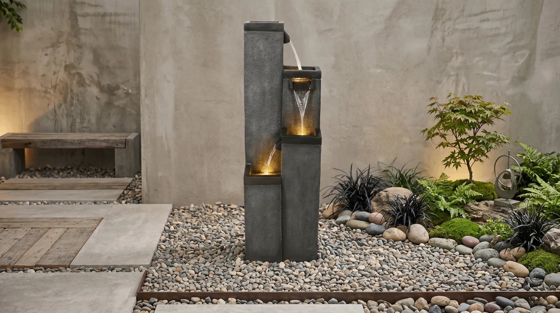modern dark ribbed slate cascading fountain gravel garden contemporary