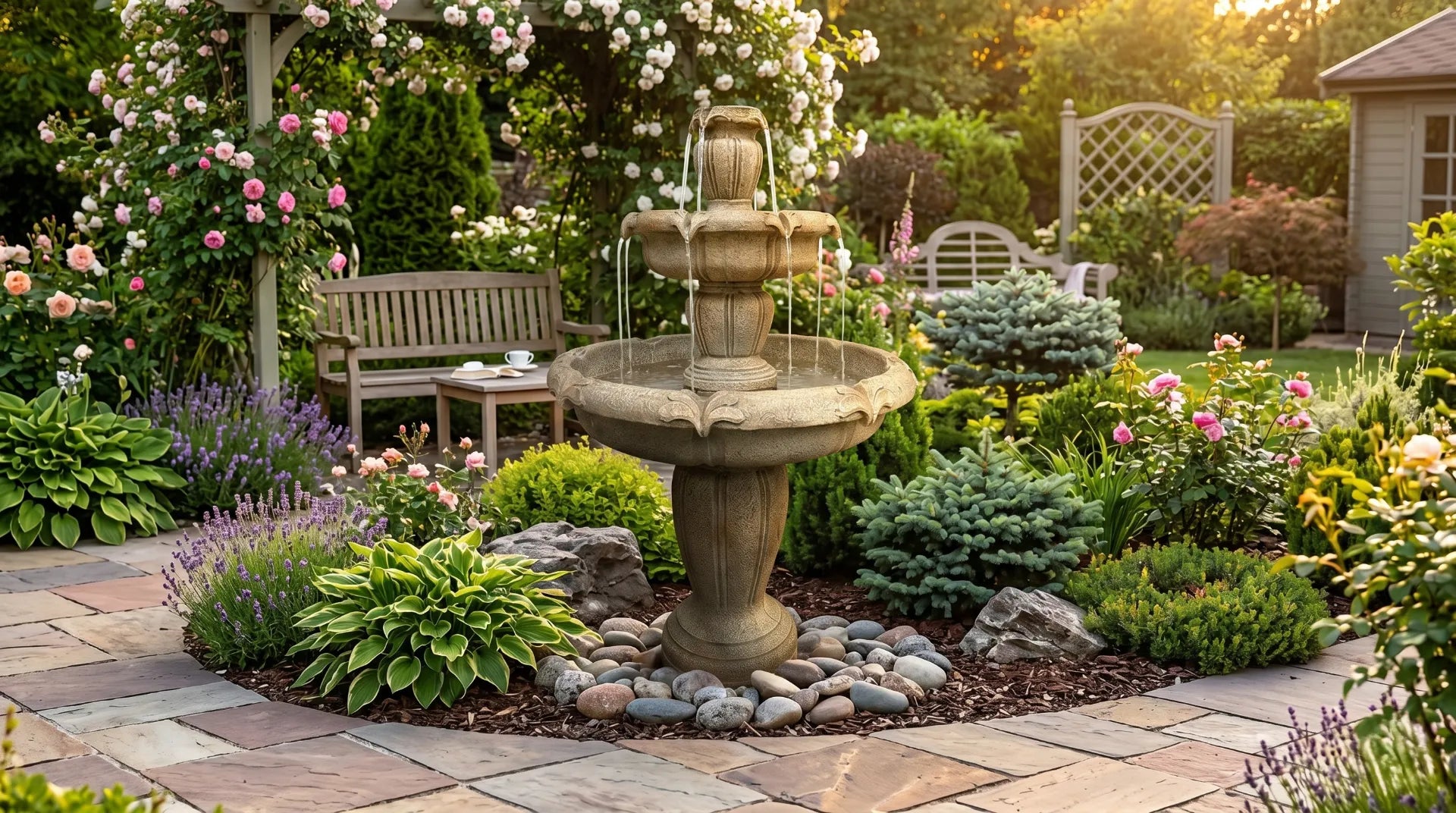 outdoor water fountain centerpiece landscaped backyard cascading tiered patio
