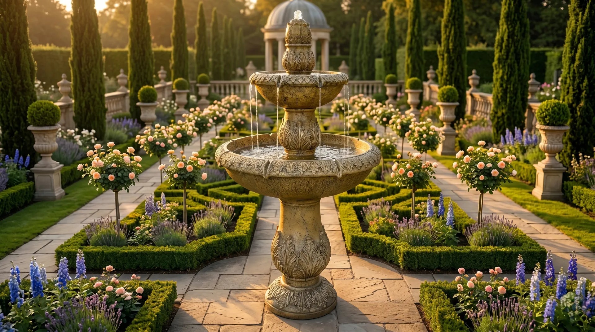 outdoor water fountain three tier concrete garden centerpiece golden hour