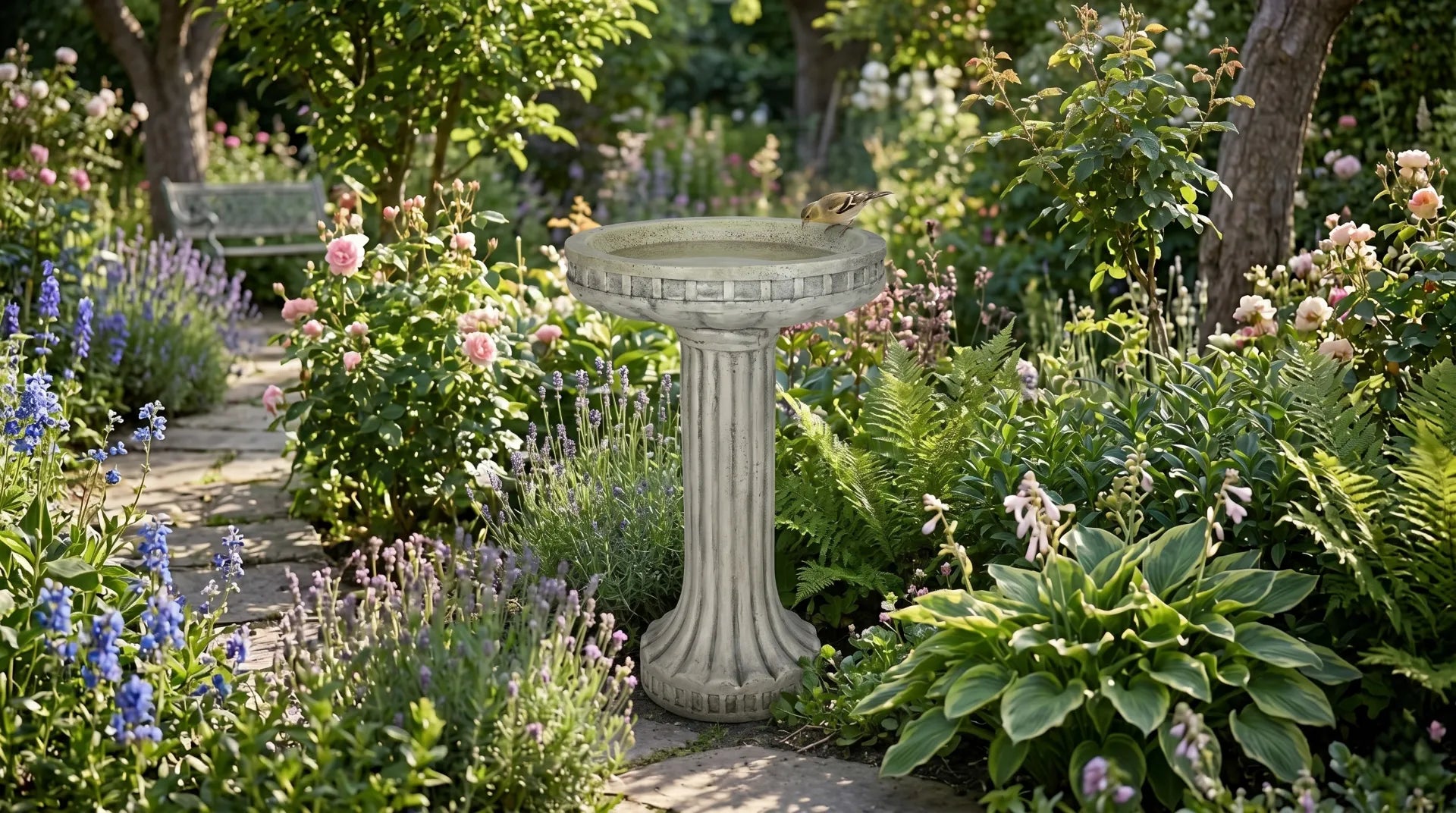 fluted concrete pedestal bird bath focal point garden small bird on rim