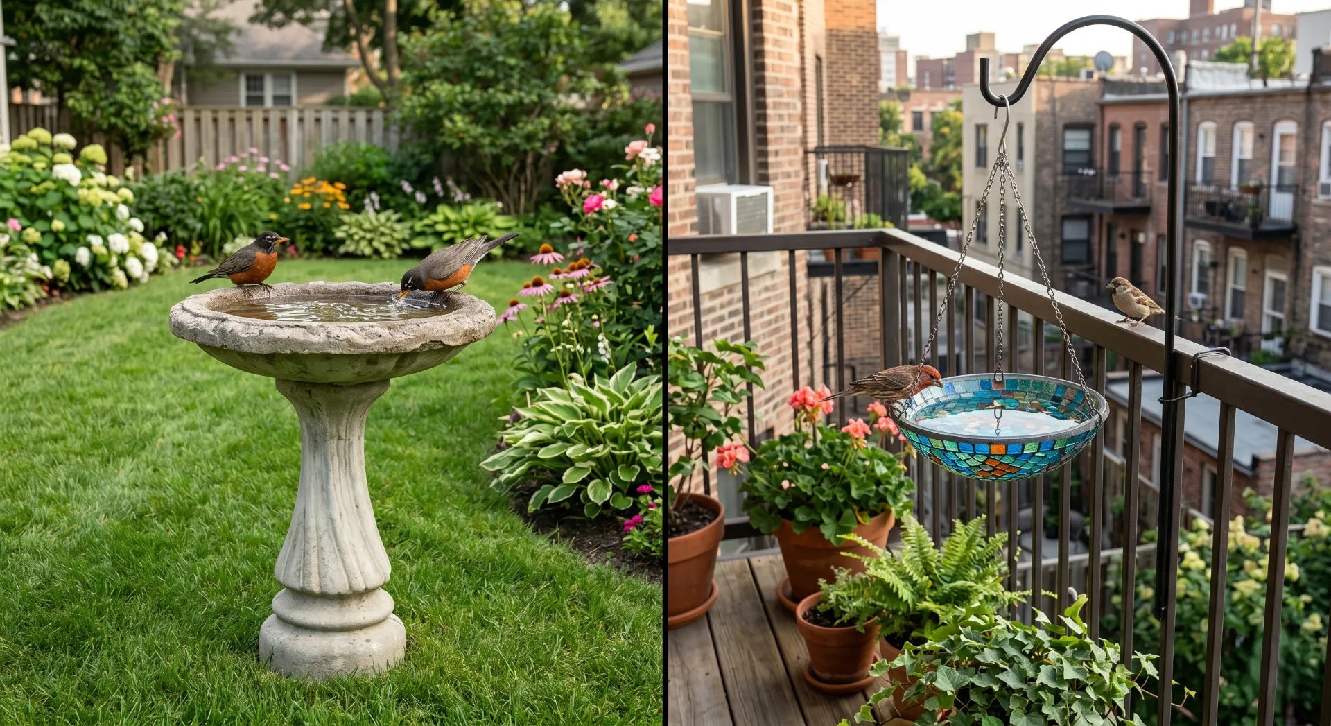 pedestal concrete bird bath suburban lawn vs hanging glass bird bath apartment balcony comparison